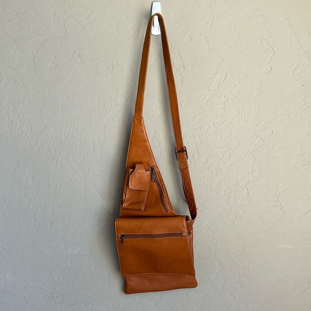 Brown Leather Vintage Sling Bag Long Strap Adjustable Fold Over